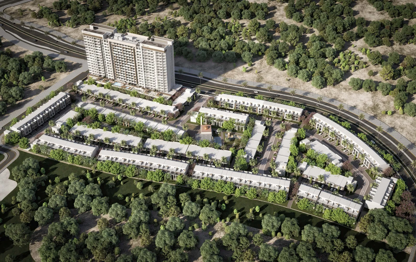Aerial render of apartments and townhouses among trees at Verdana in Dubai Investments Park