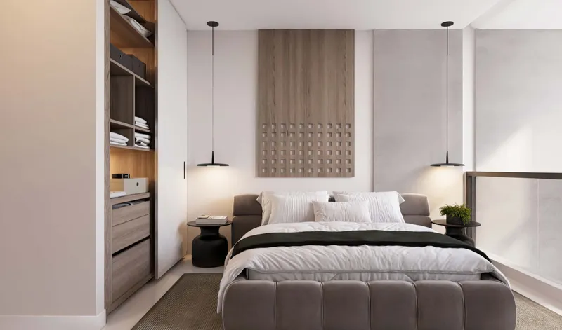 Bedroom in a Verdana VII home with built-in wardrobe and timber feature wall (developer render)