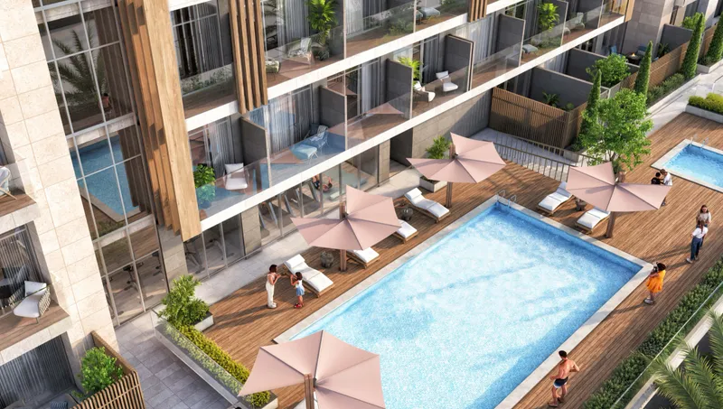 Pool deck with parasols below the balconies of the Verdana VII apartment building (developer render)