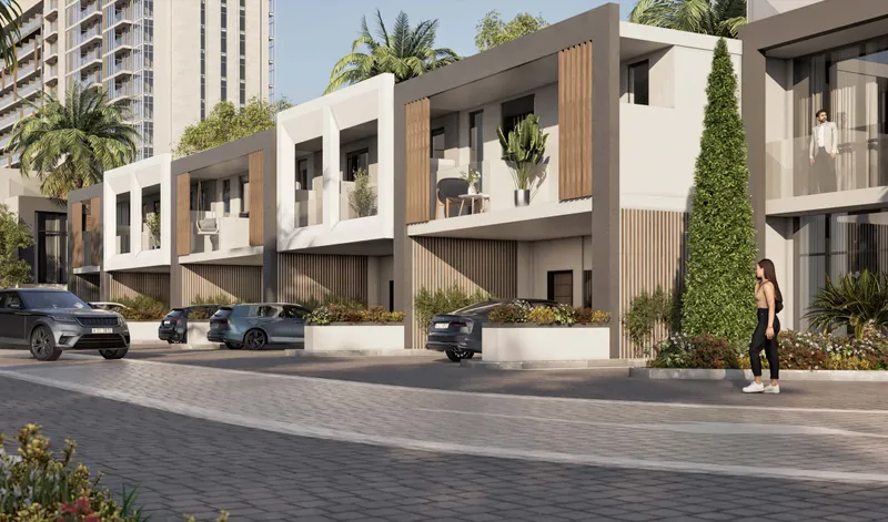 A row of modern Verdana VII townhouses with timber panels and balconies along a paved street (developer render)