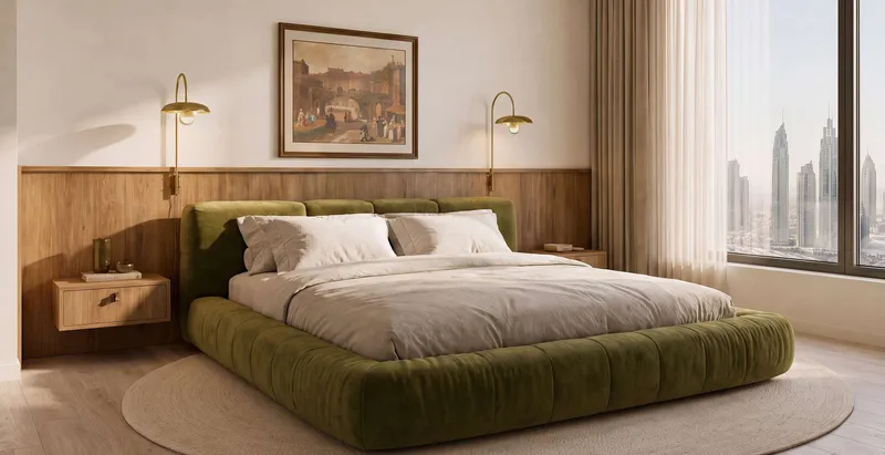 Bedroom in a Verso apartment with timber wall panelling and a skyline view (developer render)