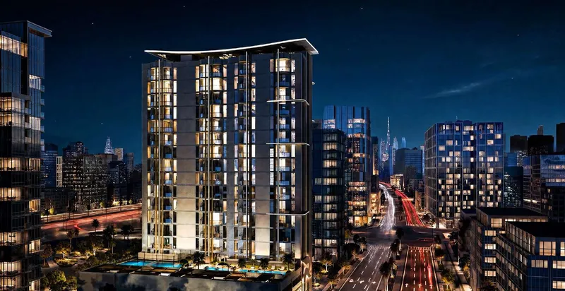 Verso tower at night with the podium pool deck in the foreground (developer render)