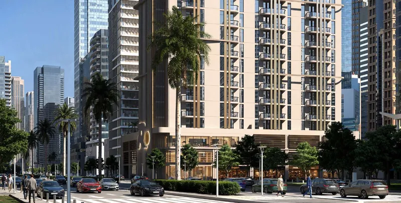 Street-level view of the Verso tower and its podium by day (developer render)