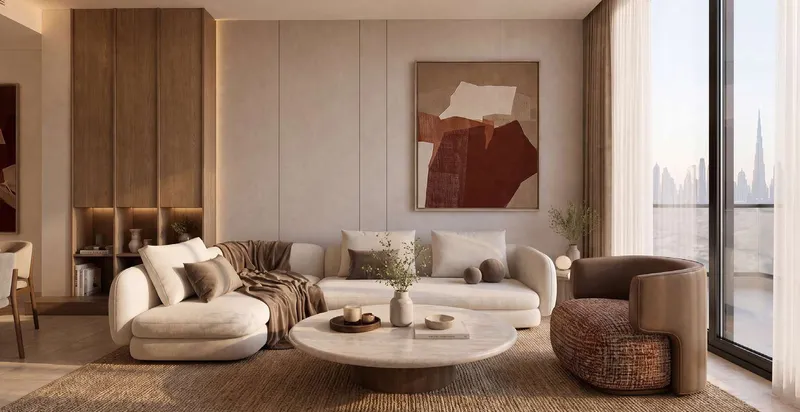 Living room in a Verso apartment with full-height windows (developer render)
