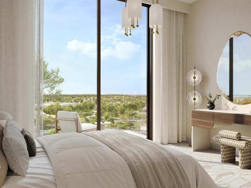 Interior render of a Vida Residences Hillside bedroom with full-height windows and park views