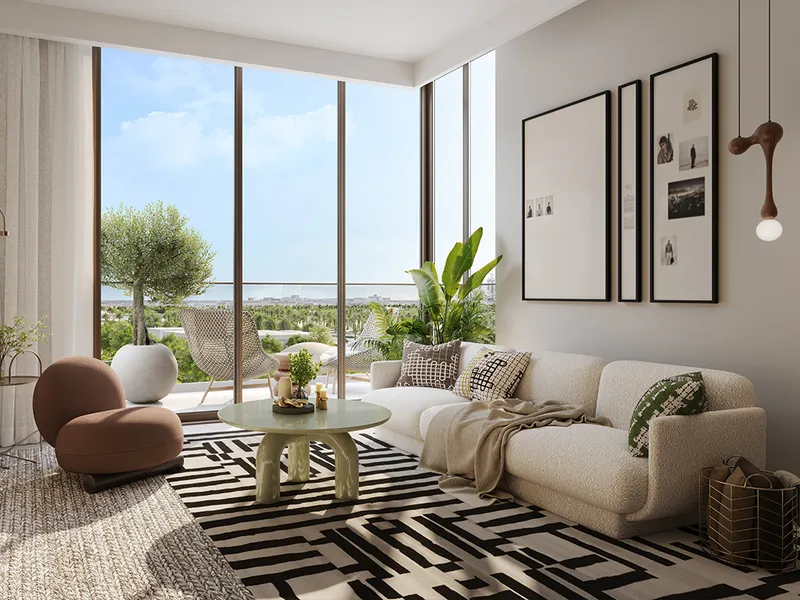 Interior render of a Vida Residences Hillside living room opening onto a balcony