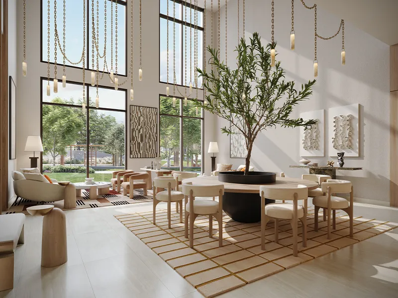 Interior render of the double-height lobby lounge at Vida Residences Hillside