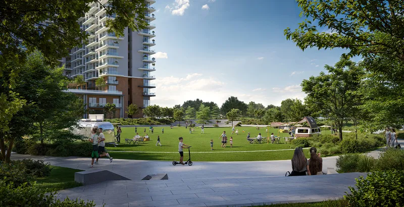 Render of the multipurpose lawn at Hillside Park with Vida Residences Hillside behind