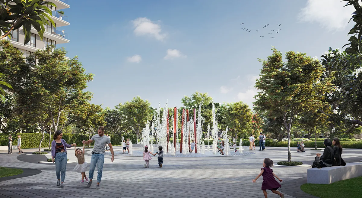Render of families at the plaza water feature in Hillside Park