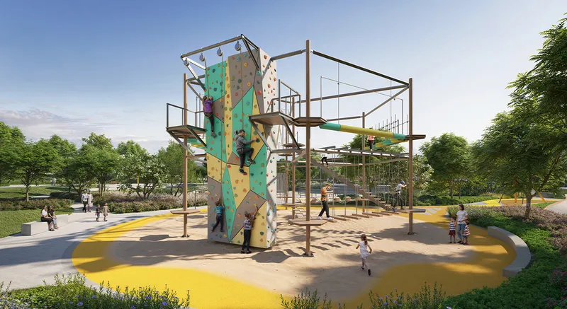Render of the rope course and climbing wall in Hillside Park