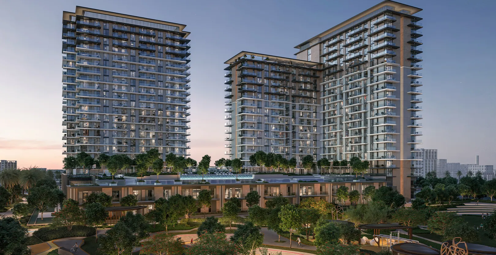 Render of the Vida Residences Hillside towers at dusk above a landscaped podium