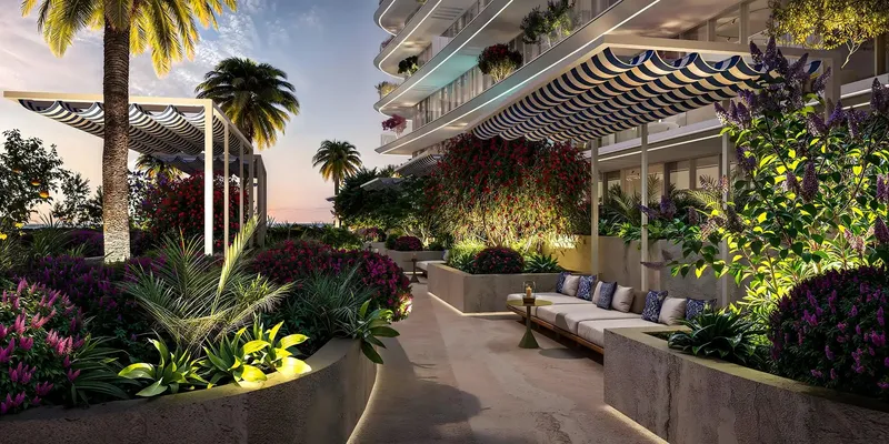 Landscaped garden lounge with planters and awnings at Villa del Garda