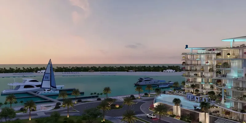 View from Villa del Garda over the yacht-club marina of Dubai Islands at sunset