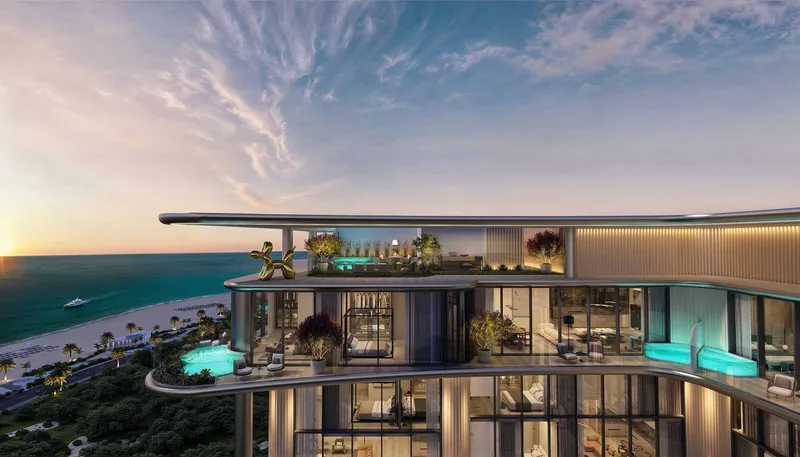 Top-floor terraces with private pools at Villa del Gavi, facing the sea at sunset