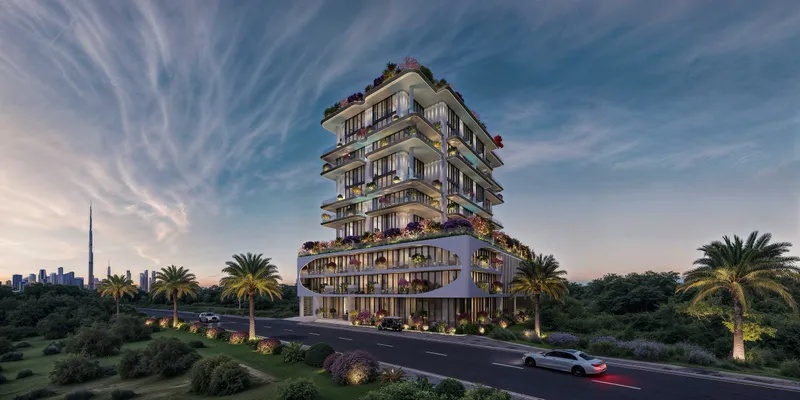 Villa dell'Arte at dusk among palm trees beside a road, with the Burj Khalifa on the horizon