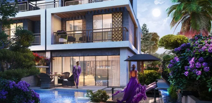 Violet townhouse over three levels with balconies, a lattice screen and a garden terrace beside a pool in the evening