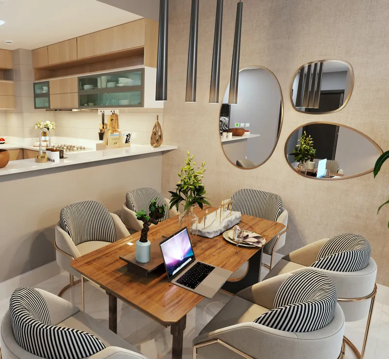 Open kitchen and dining area in a Vista 3 apartment (developer render)