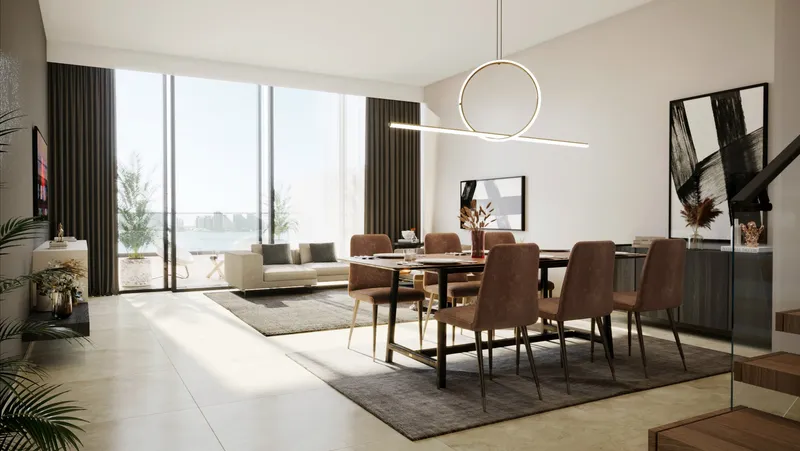 Living and dining room in a Vista 3 apartment with floor-to-ceiling windows (developer render)