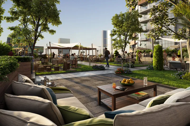 Landscaped podium garden at Vista 3 with outdoor seating and shaded lounges (developer render)