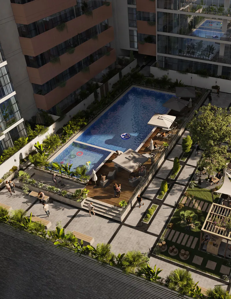 Aerial view of the Vista 3 podium deck with adults' and kids' pools and gardens (developer render)