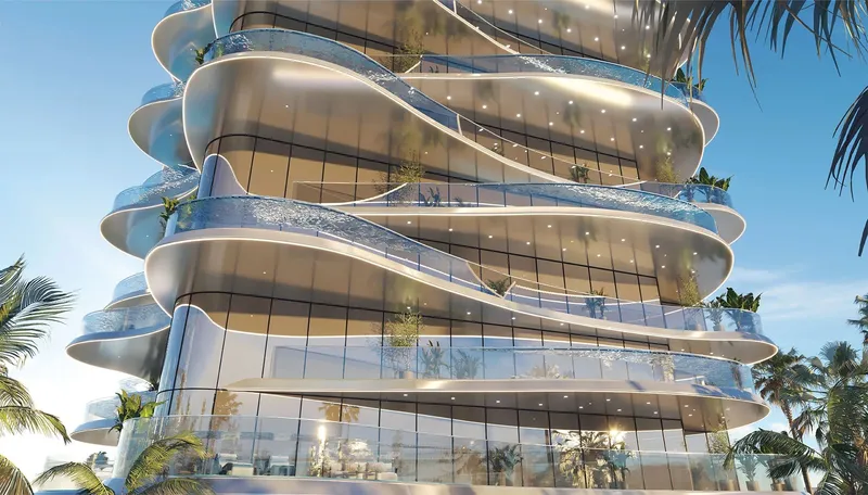 Close-up render of the curved glass balconies on the lower floors of Volga Tower