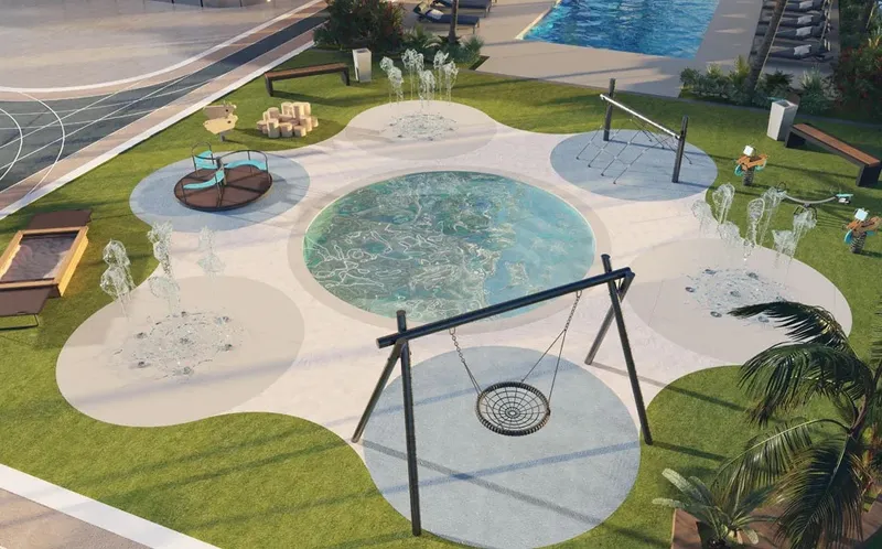 Render of the children's play area with a splash pad and swing on the Volga Tower podium