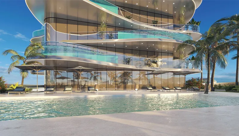 Render of the podium swimming pool at Volga Tower beneath the curved glass balconies