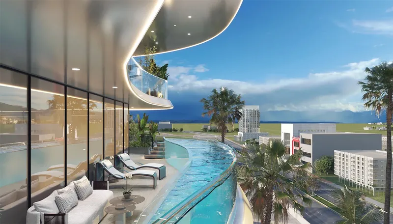 Render of a glass-edged pool and loungers on a Volga Tower terrace