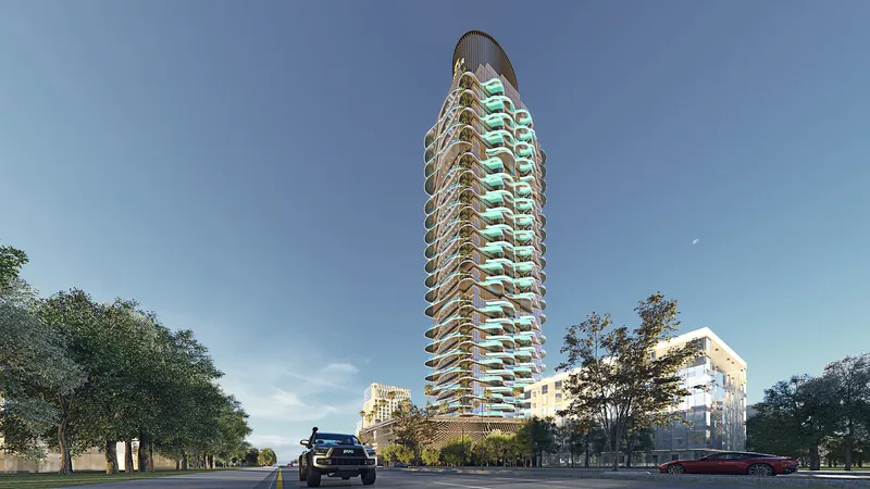 Render of Volga Tower with its curved white balconies, seen from the street in Jumeirah Village Triangle