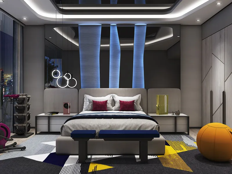 Bedroom at Volta with a feature headboard wall