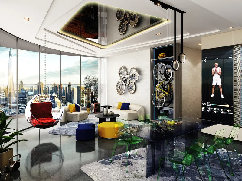 Living room at Volta with full-height windows and city views