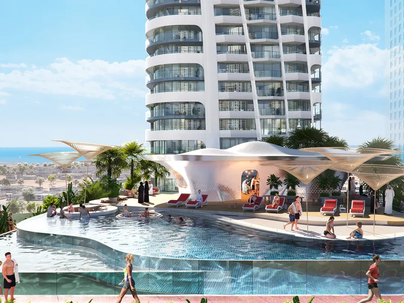 Outdoor swimming pool and sun deck on the Volta podium, with the tower behind