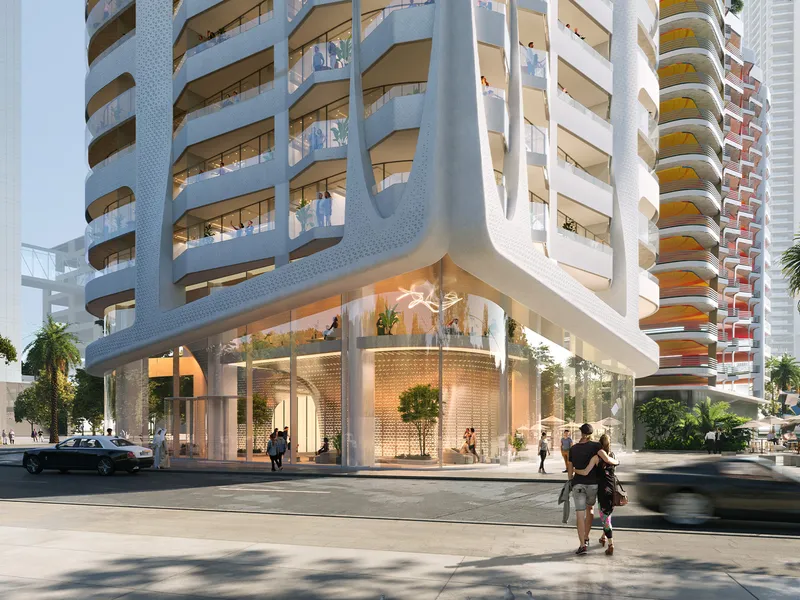 Street-level render of the Volta podium and entrance on Sheikh Zayed Road