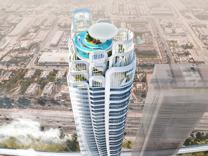 Aerial render of the Volta tower by DAMAC on Sheikh Zayed Road, with a pool deck at its crown