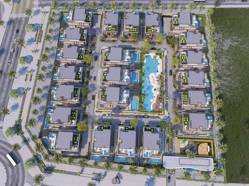 Overhead render of the 22 villas of Wellington Grand Villas arranged around the lagoon, each with a private pool