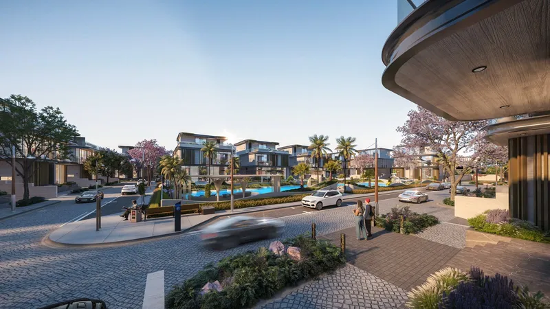 Render of a tree-lined street inside Wellington Grand Villas with villas set around the central lagoon