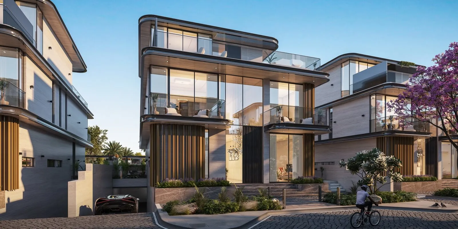 Render of a five-bedroom villa at Wellington Grand Villas with a glazed three-level façade and a roof terrace
