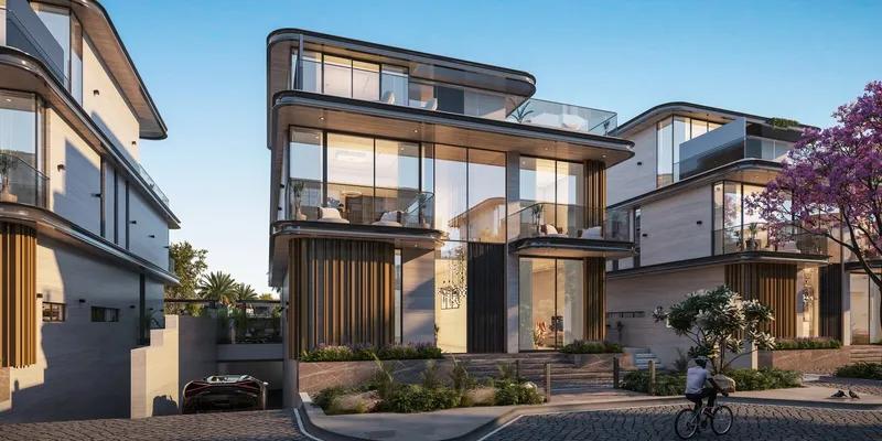 Render of a five-bedroom villa at Wellington Grand Villas with a glazed three-level façade and a roof terrace