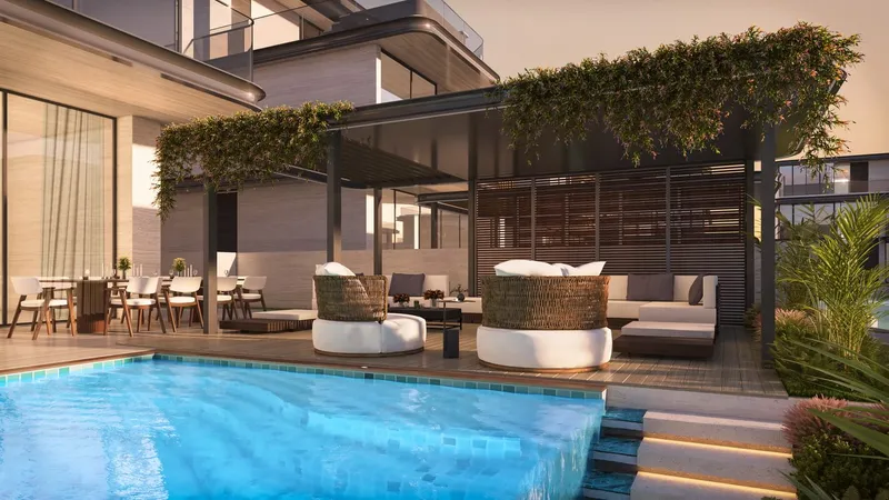 Render of the rear terrace and private swimming pool of a five-bedroom villa at Wellington Grand Villas