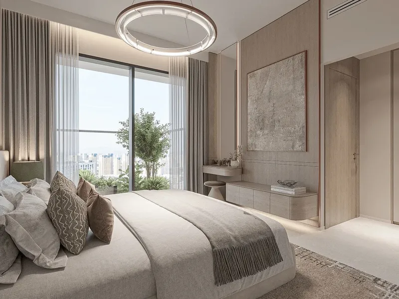 Render of a furnished bedroom with a full-height window in a Weston apartment