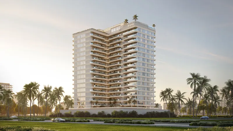 Render of the Weston tower at dusk, with palm trees along the road
