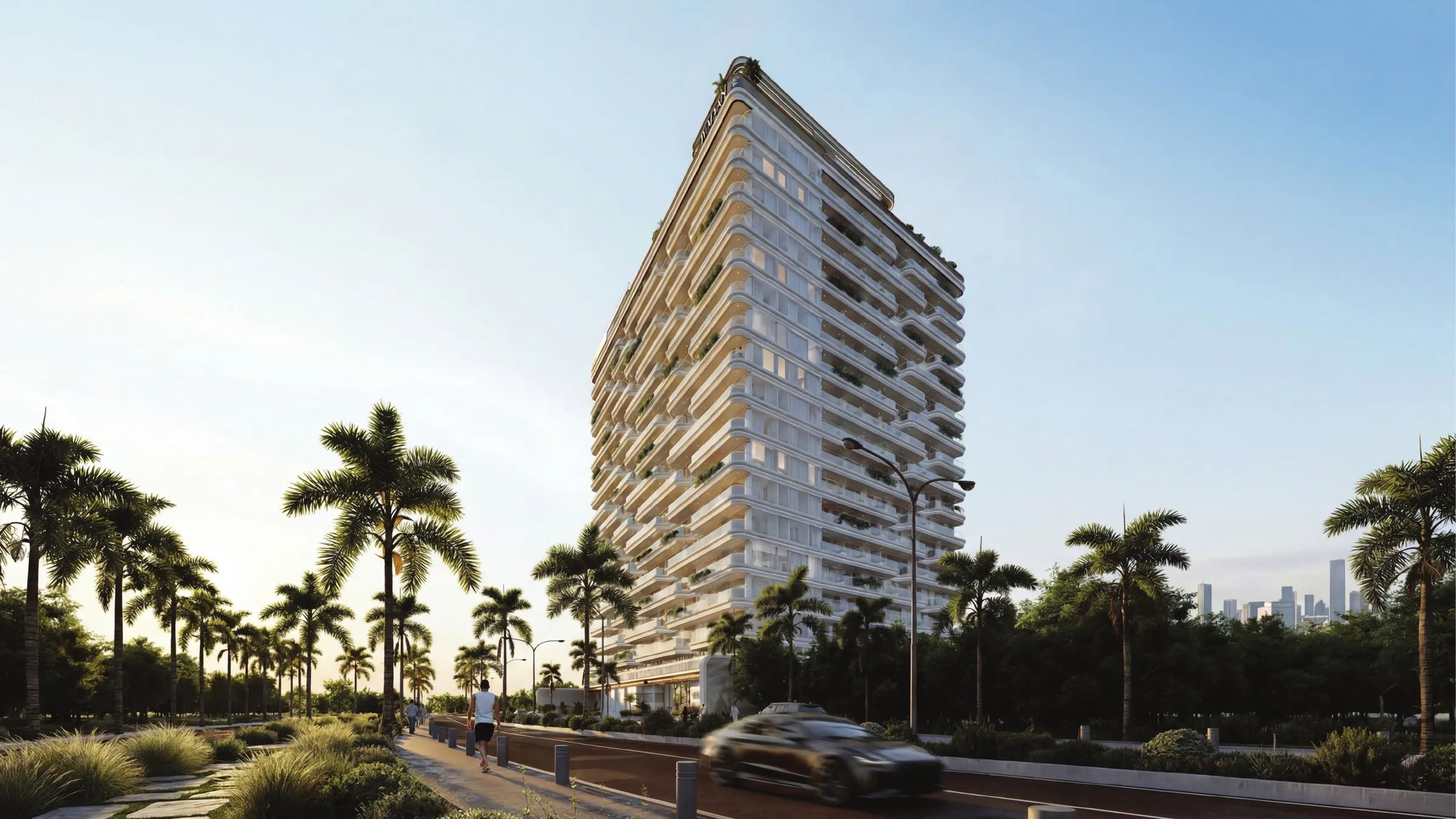 Render of the Weston by Wadan apartment tower in Dubailand Residence Complex seen from the street