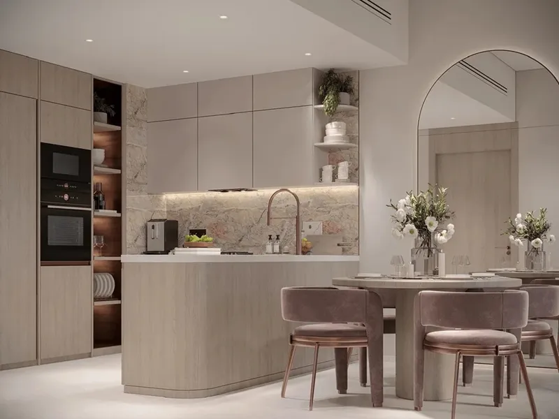 Render of a fitted kitchen and dining area in a Weston apartment