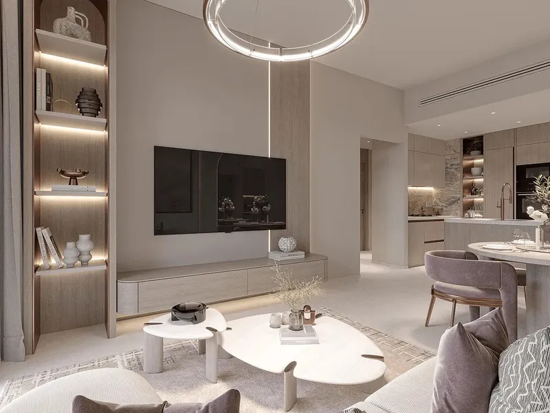 Render of a furnished living room in a Weston apartment