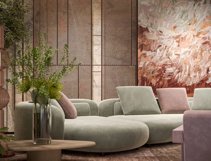Render of the lobby lounge at Weston with curved sofas and timber screens