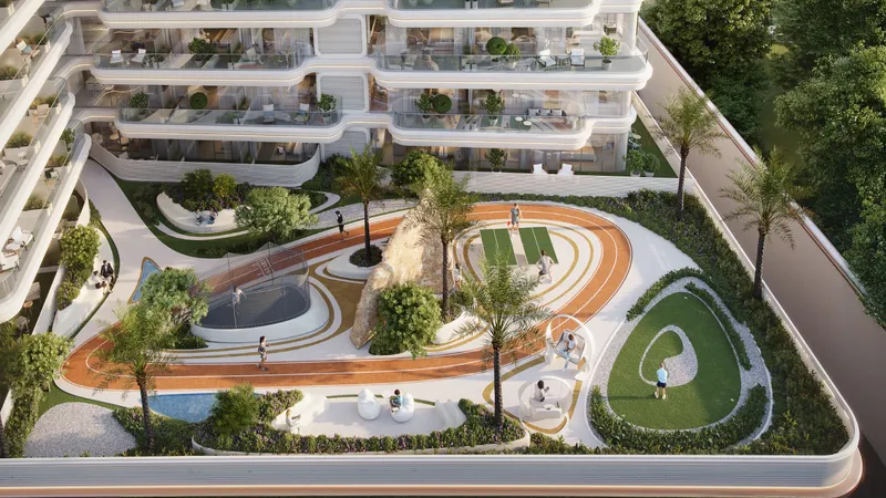 Render of the podium play level at Weston with the jogging track, mini golf and seating