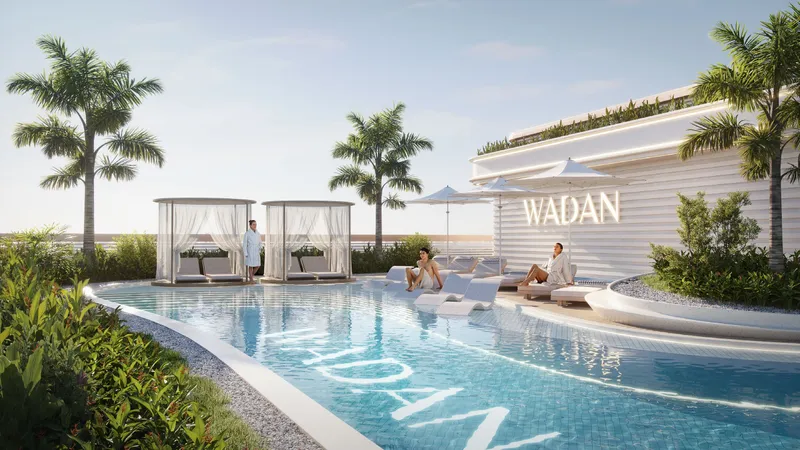 Render of the rooftop infinity pool and cabanas at Weston