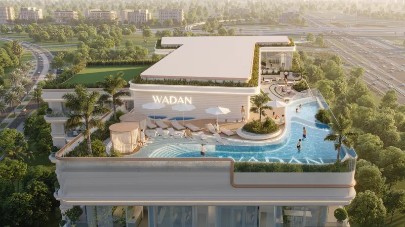 Aerial render of the rooftop sky level at Weston with the infinity pool and sun deck