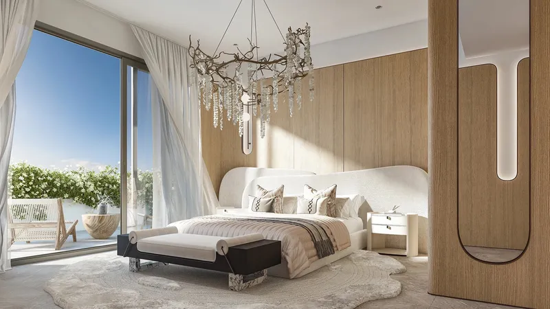 Interior render of a bedroom at Weybridge Gardens 4 with timber wall panels and full-height glazing to a planted terrace