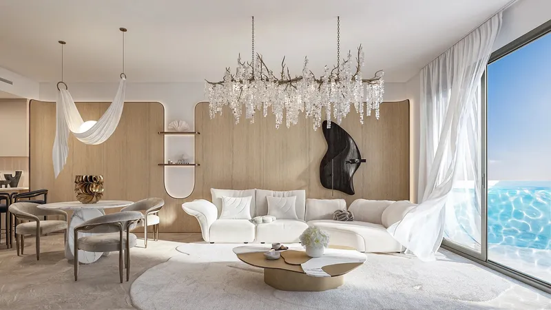 Interior render of a living and dining room at Weybridge Gardens 4 with timber panelling and a terrace pool beyond the glass